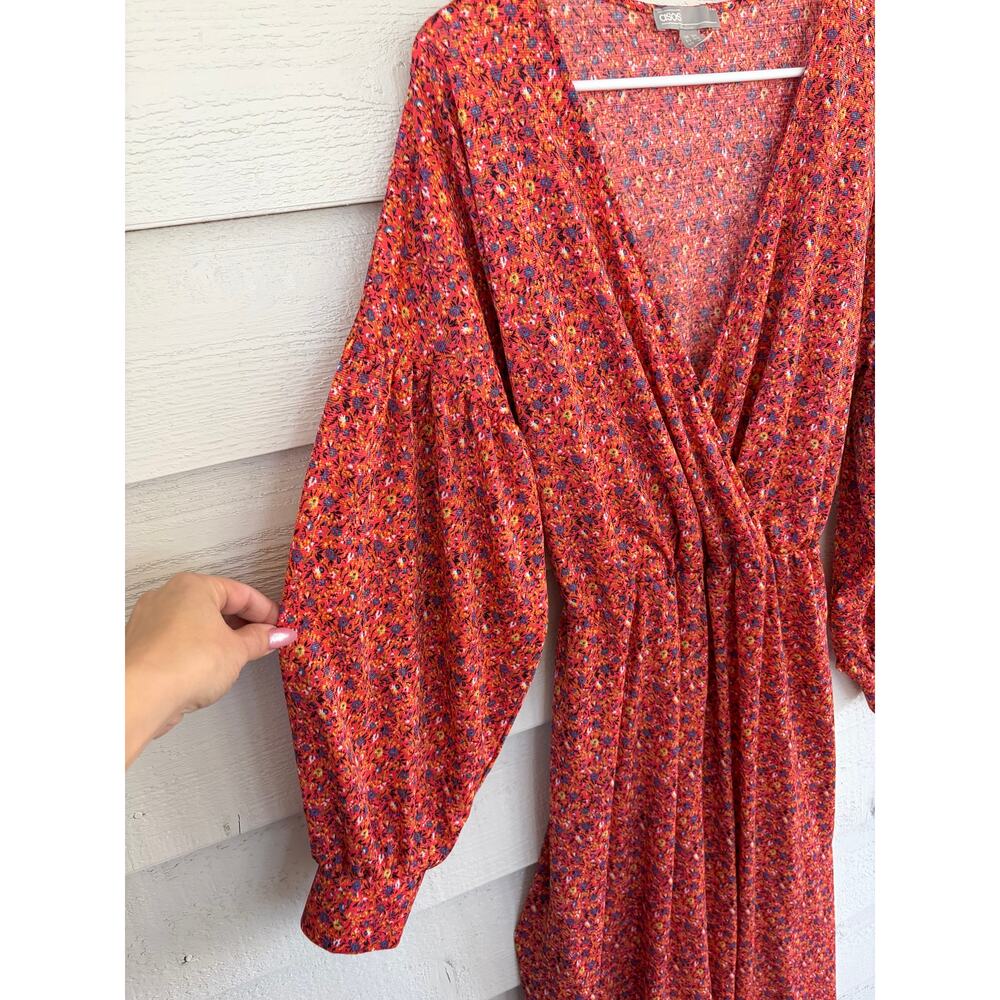 ASOS Floral Long Sleeve Midi Dress Red Orange Boho Size US 16 - Picture 3 of 8